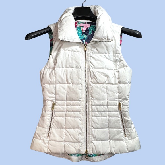 Lilly Pulitzer Jackets & Blazers - Lilly Pulitzer Womens White Quilted Down Puffer Vest Floral Lining Gold Zip XS